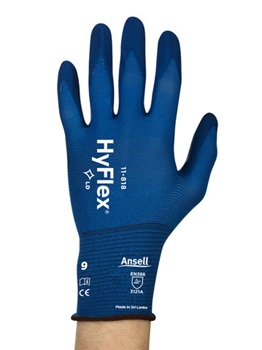 Aizsargcimdi Ansell HyFlex 11-818, izmērs 11. Plāni, elastīgi neilona/spandekss auduma cimdi. Plaukstas daļa ir izgatavota no putu nitril...