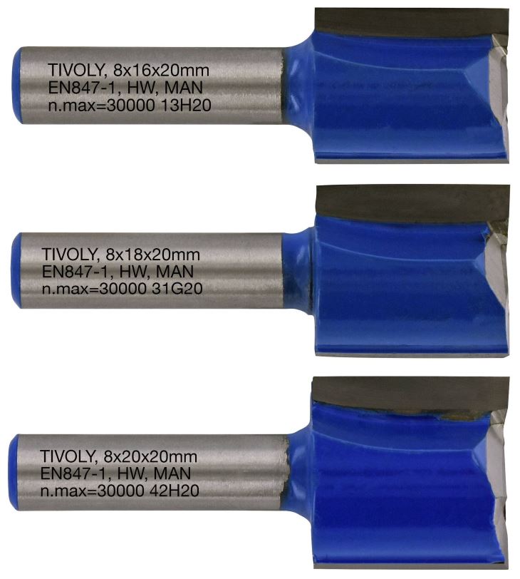Straight slotting cutters set 16 / 18 / 20 mm, 8mm shank