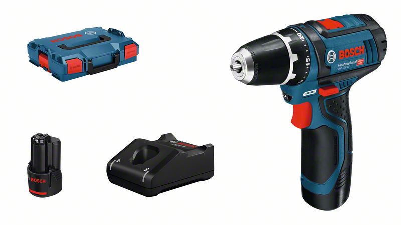Akumulatora urbjmašīna-skrūvgriezis Bosch GSR 12V-15, 2x2.0Ah, GAL12V-40, 15/30/- Nm, 0-400 / 0-1.300 min.-1