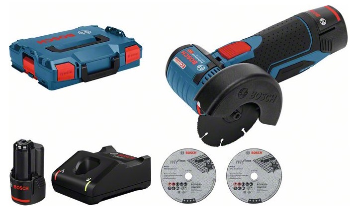 Akumulatora leņķa slīpmašīna Bosch GWS 12V-76 V-EC, 2x3.0Ah, GAL 12V-40, 12V, 19.500 min.-1