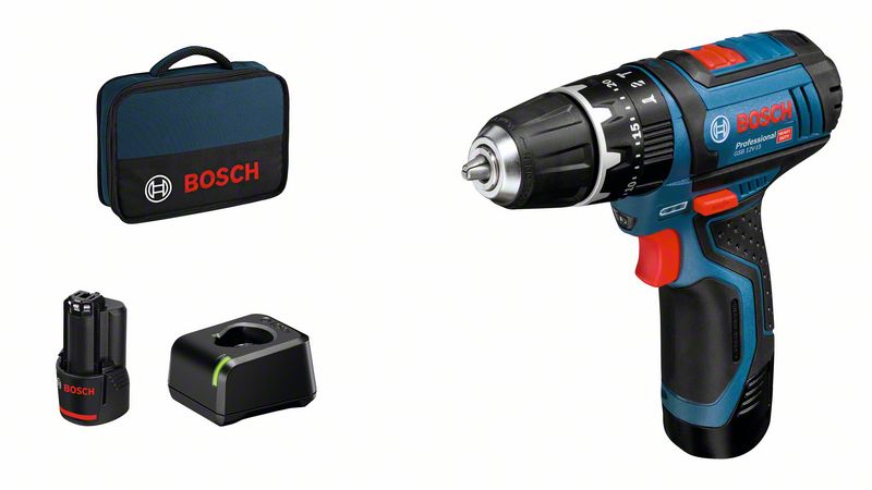 Akumulatora triecienurbjmašīna-skrūvgriezis Bosch GSB 12V-15, 2x2.0Ah, GAL 12V-20, 15/30/- Nm, 0-380 / 0-1.300 min.-1