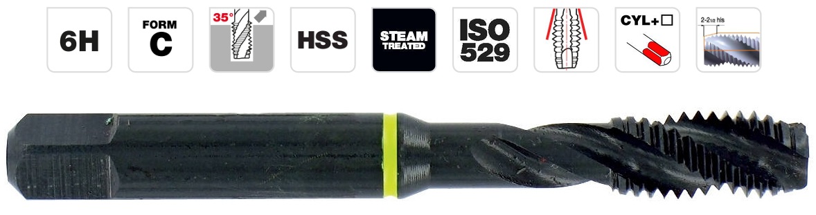 HSS ISO Machine Tap M8, spiral flute 35°. Back chamfer. Steam treated