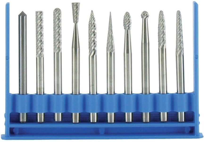 Set of mini Tungstene Carbide Rotary Burrs. Contains 10 rotary burrs Ø3 mm with different shape. Shank Ø3 mm