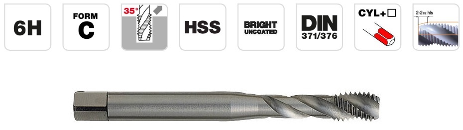 HSS DIN Machine Tap M14, spiral flute 35°. Bright, uncoated. T Line