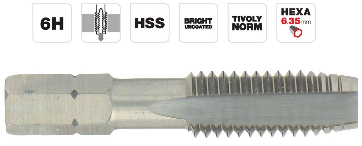 Machine tap M6x1.0, HSS, 1/4 HEX shank