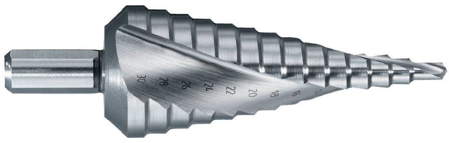 Step drill Ø4-12 mm, HSS. Step 1 mm. Helicoidal flute. Bright, uncoated