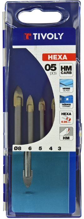 Hex shank HM carbide glass drill bit set 5pcs - 3-4-5-6-8mm