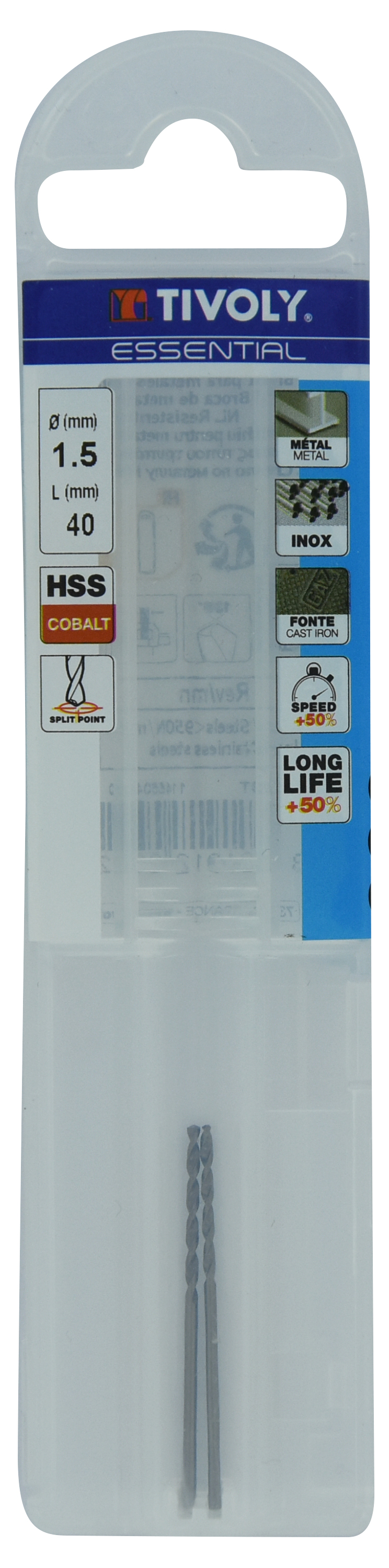 Tivoly urbis metālam 1.5 mm, COBALT HSS-E5, pilnībā slīpēts, 135⁰ T Line, 2gb, blister