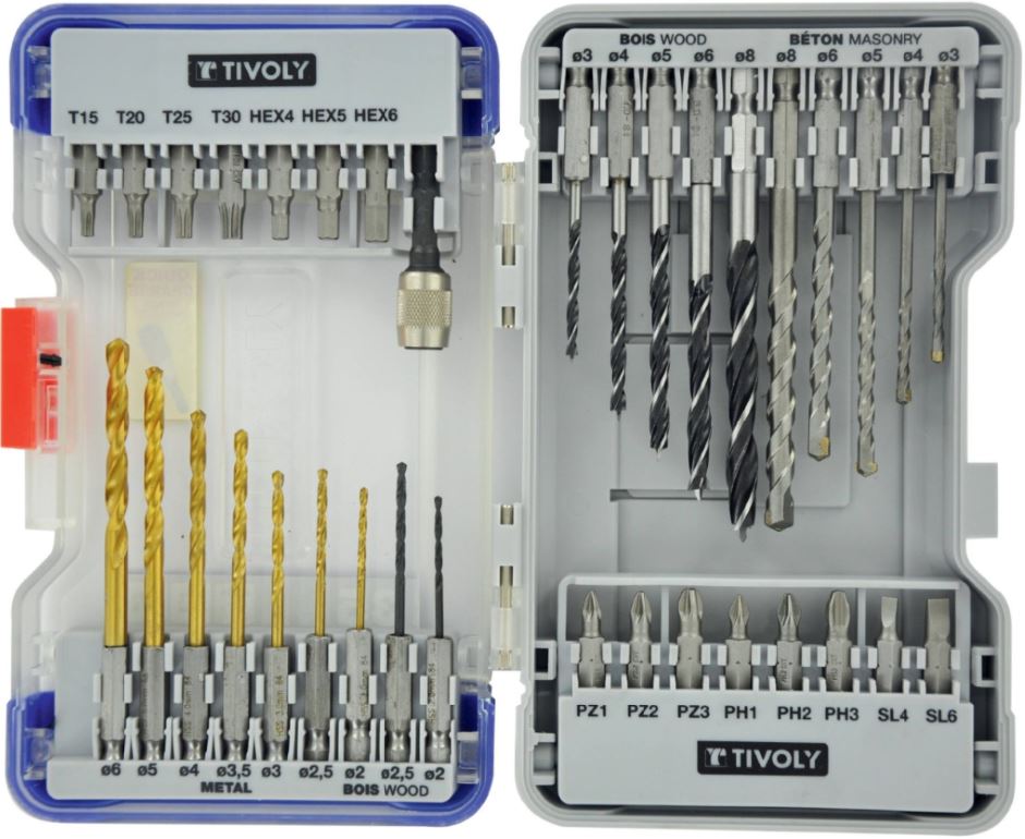 Metal, wood and concrete drill bit set with screwdriving bits, 1/4