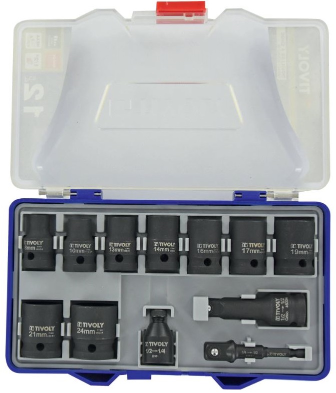 Impact socket set 8/10/13/14/16/17/19/21/24 mm, 12-pcs, 1/2