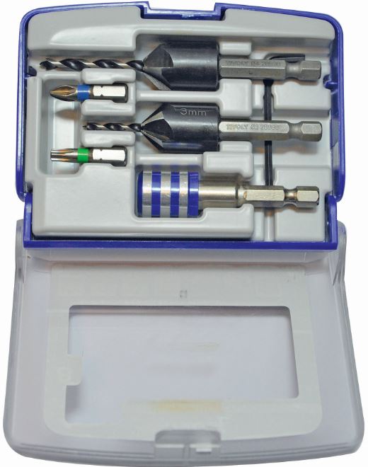 Set of 2 wood drills + countersinks (Ø3, Ø4) + 2 bits (PZ2, TX25) + magnetic bit holder. For terrace screws. 