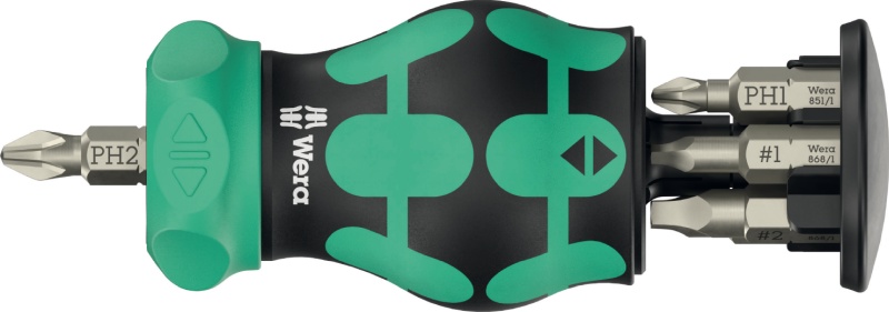 Wera Kraftform Kompakt Stubby Magazine RA 4 ratcheting screwdriver – ultra-compact, integrated bit magazine with 6 bits, multi-co – 65 mm