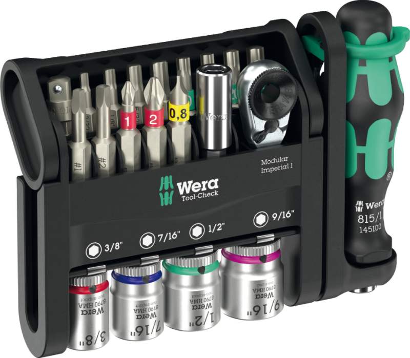 Wera Tool-Check Modular Imperial 1 manual tool set – 21-piece compact kit, Kraftform handle, ratchet, magnetic bit holder, imperial bits ...