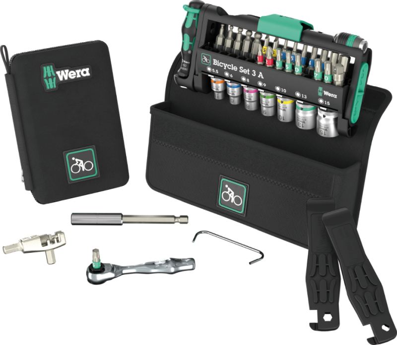 Wera Bicycle Set 3 A – 40-piece bike tool kit with chain riveter, tyre levers, ratchet, screwdriver, textile pouch, steel/plastic/rubber