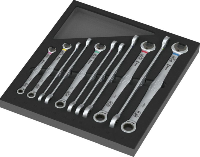 Wera 9735 foam insert 6007 Joker set 1 – 11 long ratcheting combination wrenches 8–19 mm, durable two-coloured foam holder, compatible wi...