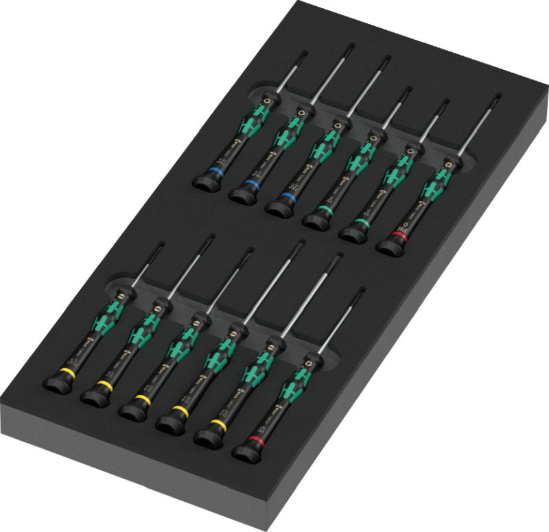 Wera 9716 foam insert Kraftform Micro screwdriver set – 12 precision screwdrivers, multi-component handles, two-coloured foam insert