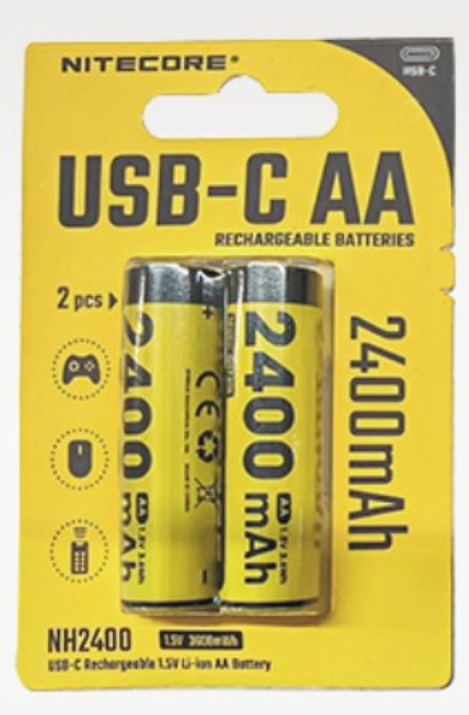 Nitecore NH2400 2400 mAh USB-C uzlādējamas AA baterijas, 2 gab. komplekts