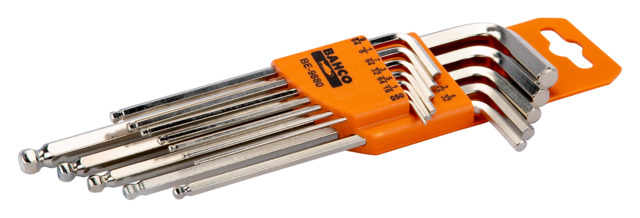 Offset long series ball end hexagon key set inch sizes 12 pcs, nickle finish
