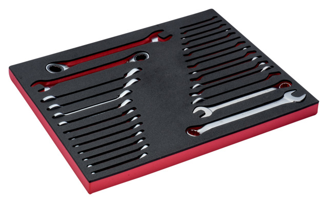 Combination wrenches 1952M 6-22mm and combination ratcheting wrenches 1RM 6-24mm set 28 pcs in foam inlay