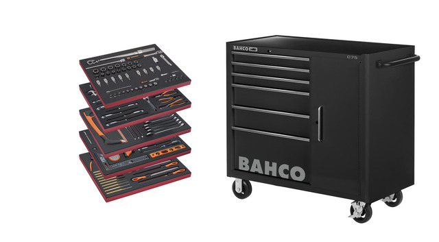 Black tool trolley on wheels C75 986x501x1100mm with 6 drawers + 1 cabinet and 187 tools