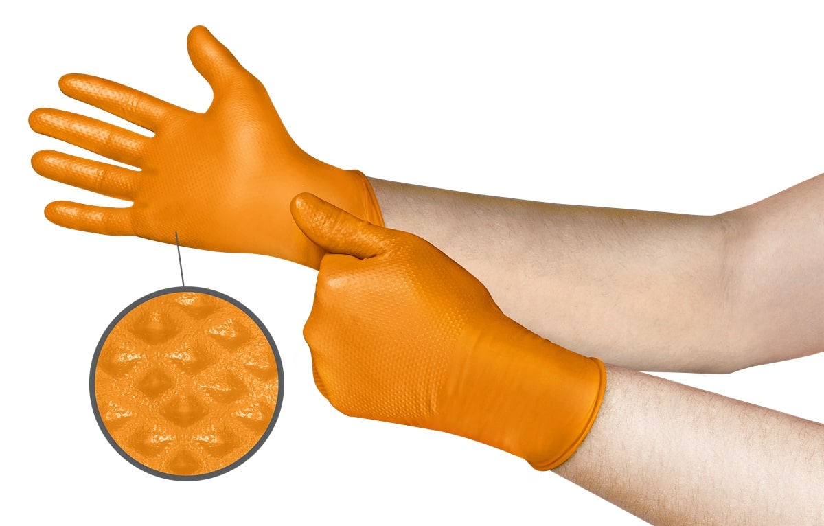 Vienreizlietojamie nitrila cimdi Ansell Microflex Mega Grip 93-256, 100 gab, 0,13mm, 275mm garš, oranža krāsa, L (8,5-9)