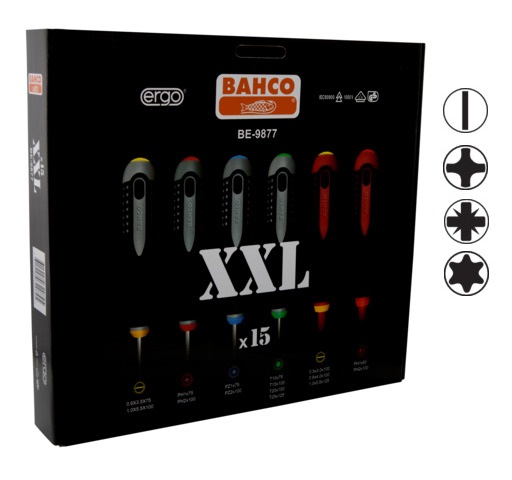 XXL Skrūvgriežu komplekts ERGO™ 15 gab - SL3,0/4,0/5,5; PH1/2 1000V VDE; SL3,5/5,5; PH1/2; PZ1/2; T10/15/20/25