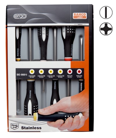 INOX Skrūvgriežu komplekts ERGO™ 6 gab - SL3,0/4,0/5,5/6,5; PH1/2