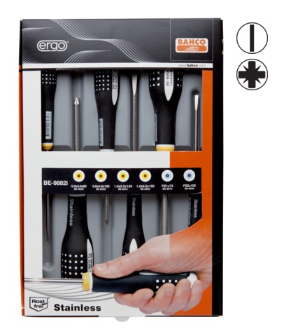 INOX Skrūvgriežu komplekts ERGO™ 6 gab - SL3,0/4,0/5,5/6,5; PZ1/2