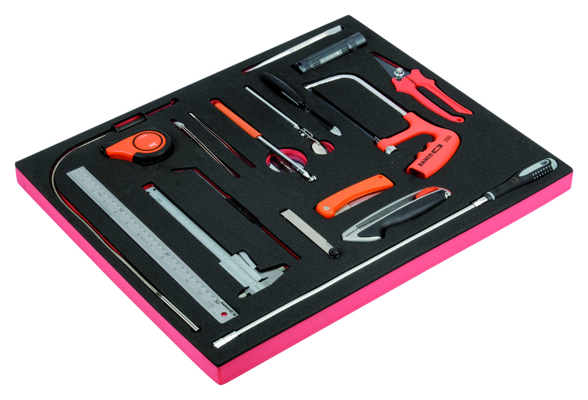 Tool set (knives, hacksaw, mirror, measuring tape, scriber, flex tools. etc) 18pcs in a foam