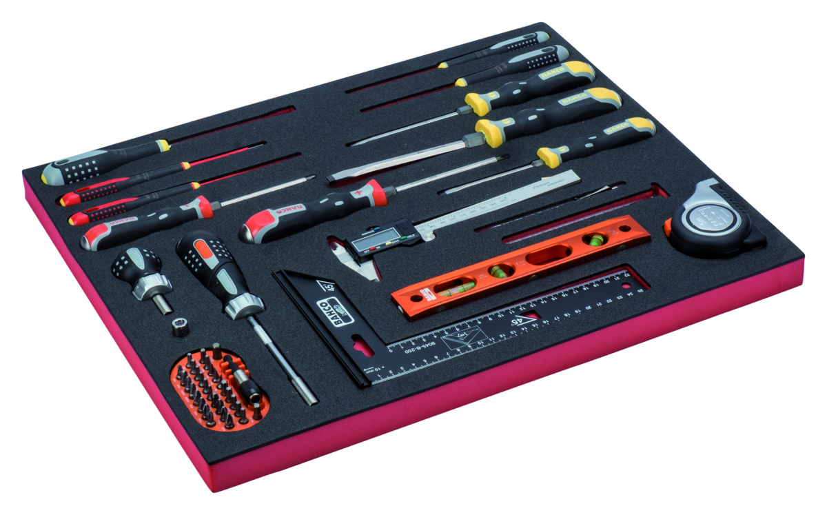 Tools set 20 pcs in foam (screwdrivers, measuring tape, scriber, digital caliper, square, level))