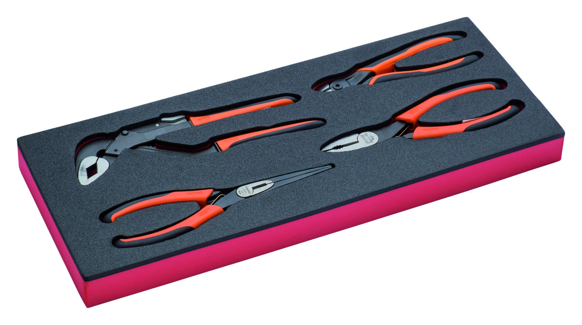 Ergo pliers set 4 pcs in 2 coloured foam (combination, side cutting, snipe nose and slip joint pliers)