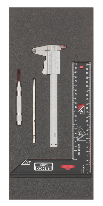 Measuring and marking set 4pcs Fit&Go 1/3 - automatic centre punch - scribe - square 250mm - caliper