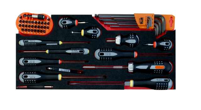 Screwdrivers, hex keys and bit set in foam inlay 53 pcs for boxes 1483K and 1483KHD