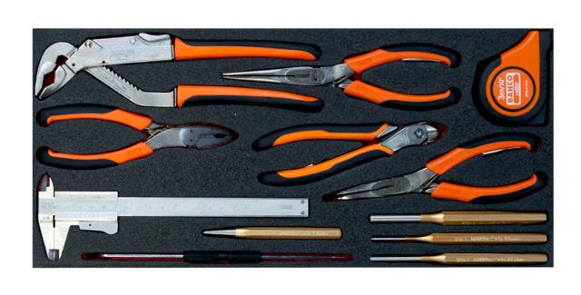 Side cutting, combination and slip joint pliers, measuring tape, caliper, drift punches set 12 pcs in foam inlay for toolbox 1483K and 14...