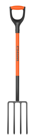 Big digging fork 4x10mm square tines 185x240mm, with steel shaft and two component plastic D-handle, 1200mm